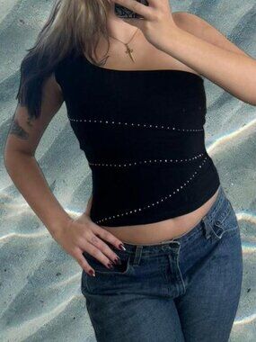 Vintage Y2K Niche USA asymmetric bedazzled black one shoulder top ⭐️ 90s